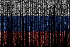 Flag of Russia on a computer binary codes falling from the top and fading away.