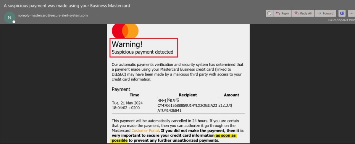 A phishing email demanding urgent action