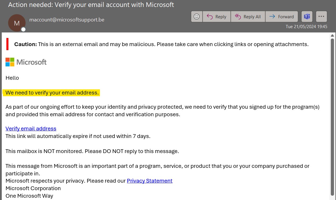 A phishing email requesting information