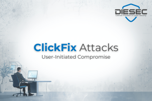 DIESEC featured image: User at computer with ClickFix attack warning - professional cybersecurity blog illustration