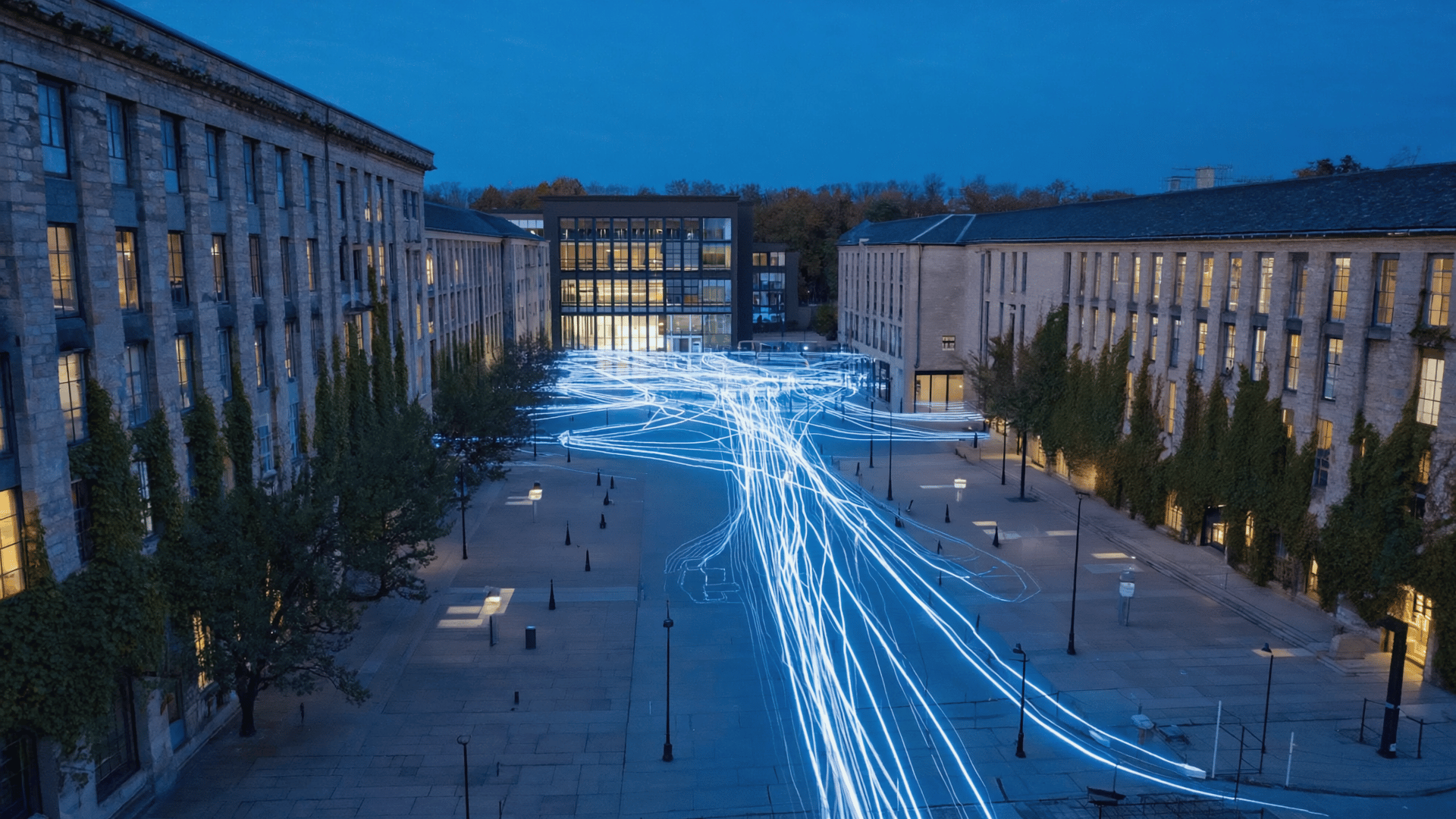 Cybersecurity News Stories Mai 08 – Bild eines realistischen Universitätscampus mit vernetzter digitaler Infrastruktur, die eine sektorweite Datenabhängigkeit suggeriert.