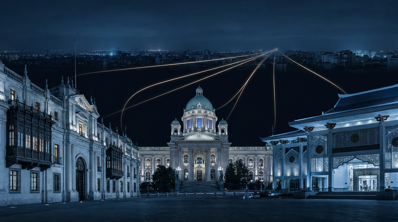 Cybersecurity News Stories Mai 08 – Bild einer realistischen Regierungsgebäudeumgebung in mehreren Weltregionen mit subtilen visuellen Hinweisen auf persistenten digitalen Zugriff aus einer gemeinsamen externen Quelle.