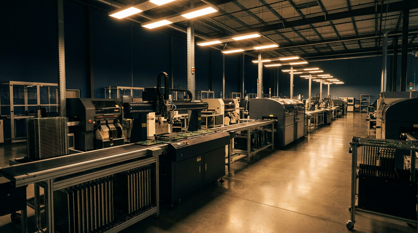  Cybersecurity News Stories May 15 image showing a realistic electronics manufacturing facility with interconnected supply chain networks visualised as data pathways extending outward to multiple technology company logos.