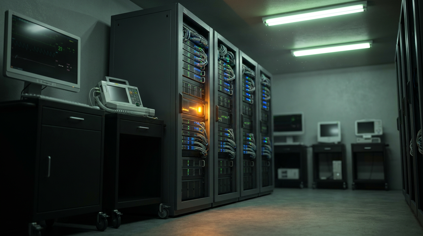 Cybersecurity News Stories May 15 image showing a realistic healthcare technology environment with medical device networks and data infrastructure, with a subtle visual tension suggesting external pressure on the system.