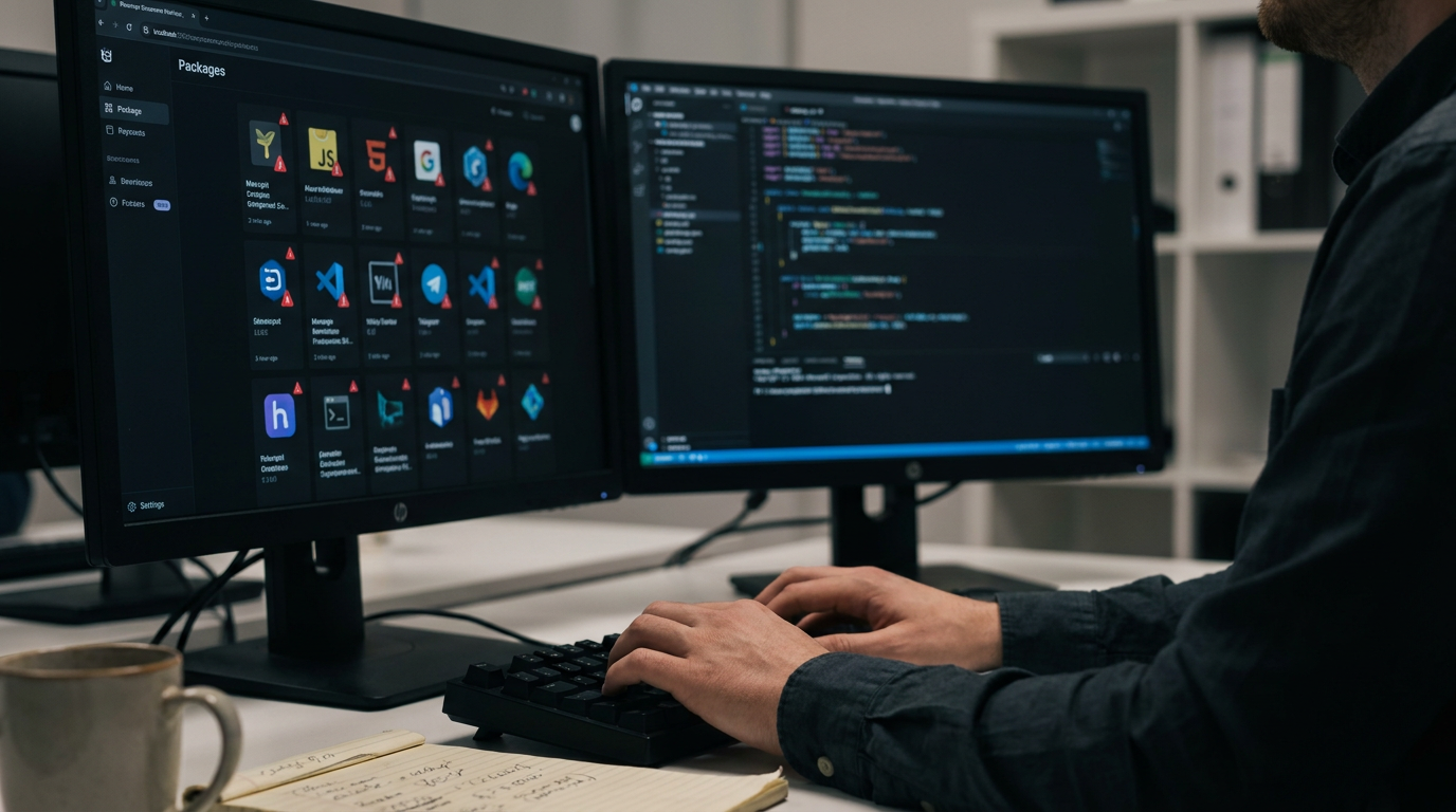Cybersecurity News Stories May 15 image showing a realistic software development environment with multiple package registry icons displayed on a developer workstation, with subtle visual indicators of compromise spreading between them.