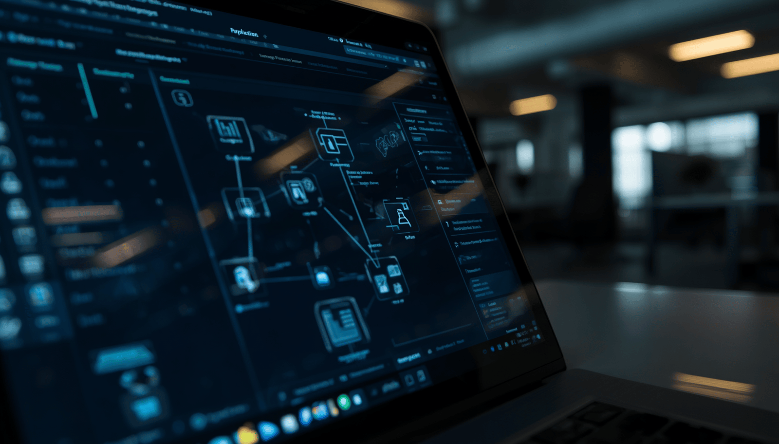 Cybersecurity News Stories June 26, 2026 image showing corporate laptop with SaaS integration flow diagram on screen in a modern office environment with cool ambient lighting