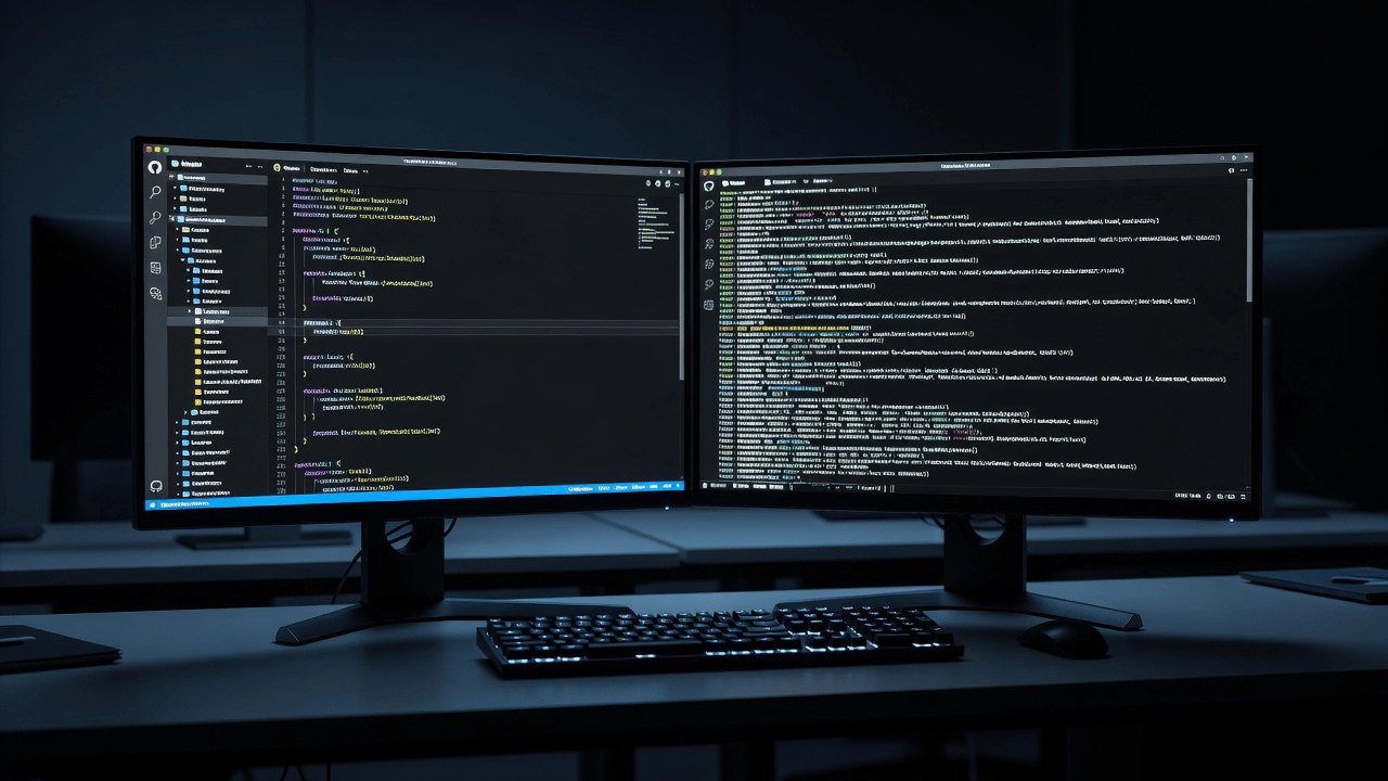 Cybersecurity News Stories June 12 2026 image showing a developer workstation with multiple screens displaying code repositories and AI coding assistant interface in a dark professional office environment