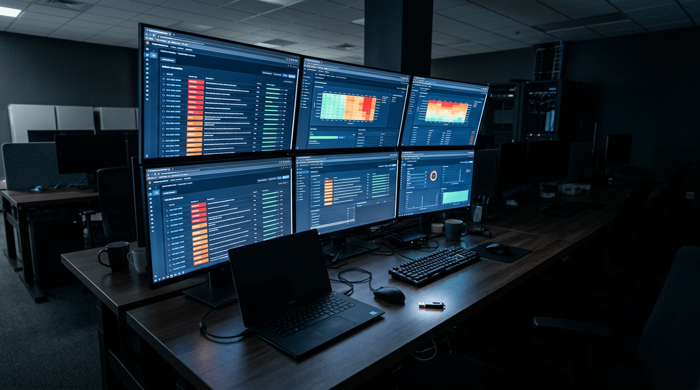 Cybersecurity News Stories June 13 2026 image showing a corporate IT operations desk with multiple monitors displaying patch management dashboards and security advisories in a dark professional environment