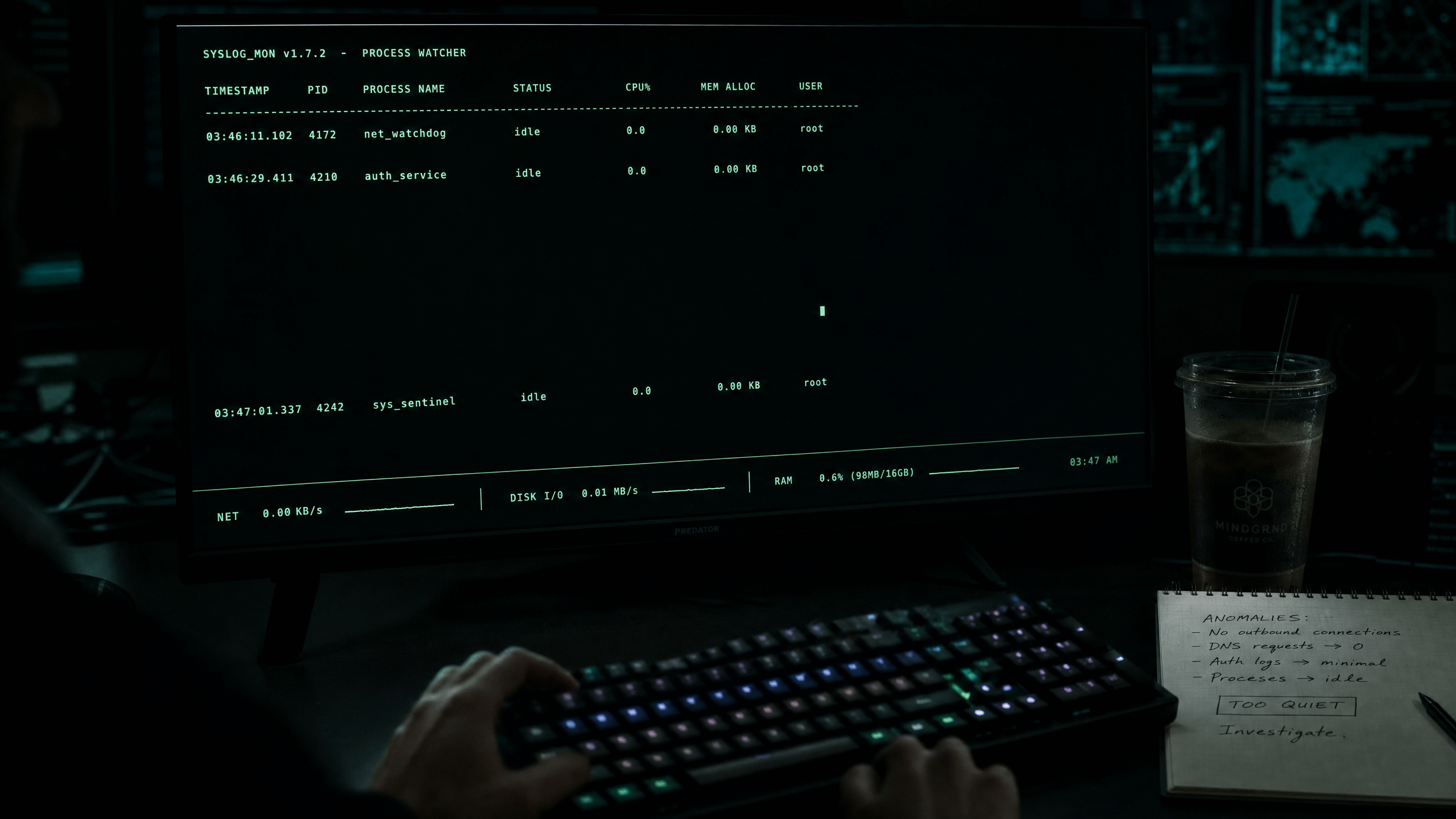 Cybersicherheit News Stories vom 03. Juli 2026 Bild zeigt einen Sicherheitsanalysten-Arbeitsplatz mit leeren Prozessprotokollen und minimalem System-Footprint in einer dunkel gestalteten Terminal-Umgebung