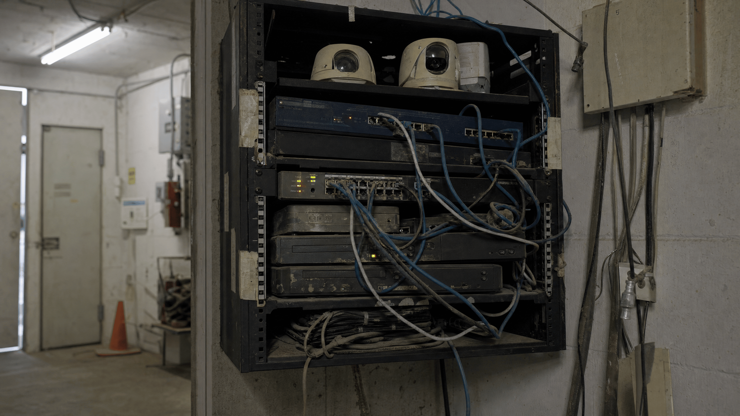 Cybersicherheit News Stories vom 03. Juli 2026 Bild zeigt ein industrielles Netzwerk-Rack mit Routern und Kameras in einem abgelegenen Serverraum mit spärlicher Beleuchtung