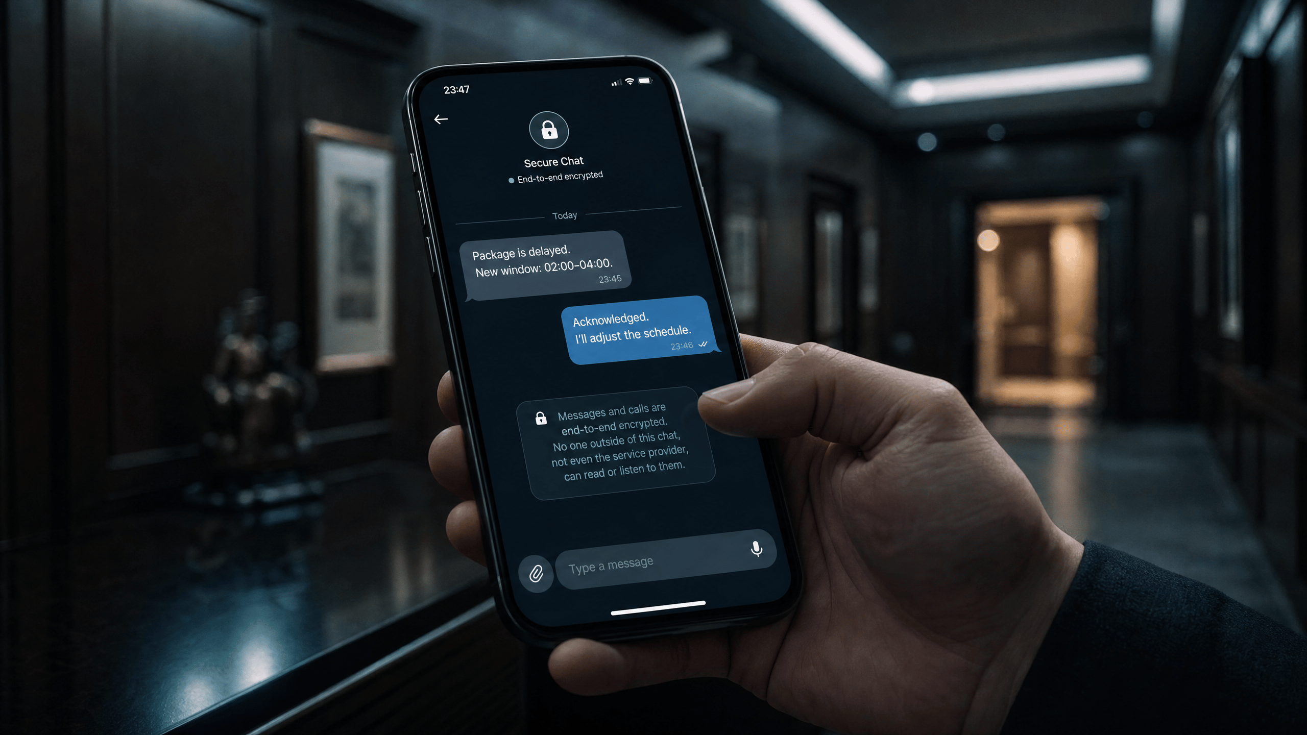 Cybersicherheit News Stories vom 03. Juli 2026 Bild zeigt eine sichere Messaging-Oberfläche auf einem Smartphone in einem schwach beleuchteten Führungsbüro mit subtiler geopolitischer Spannung