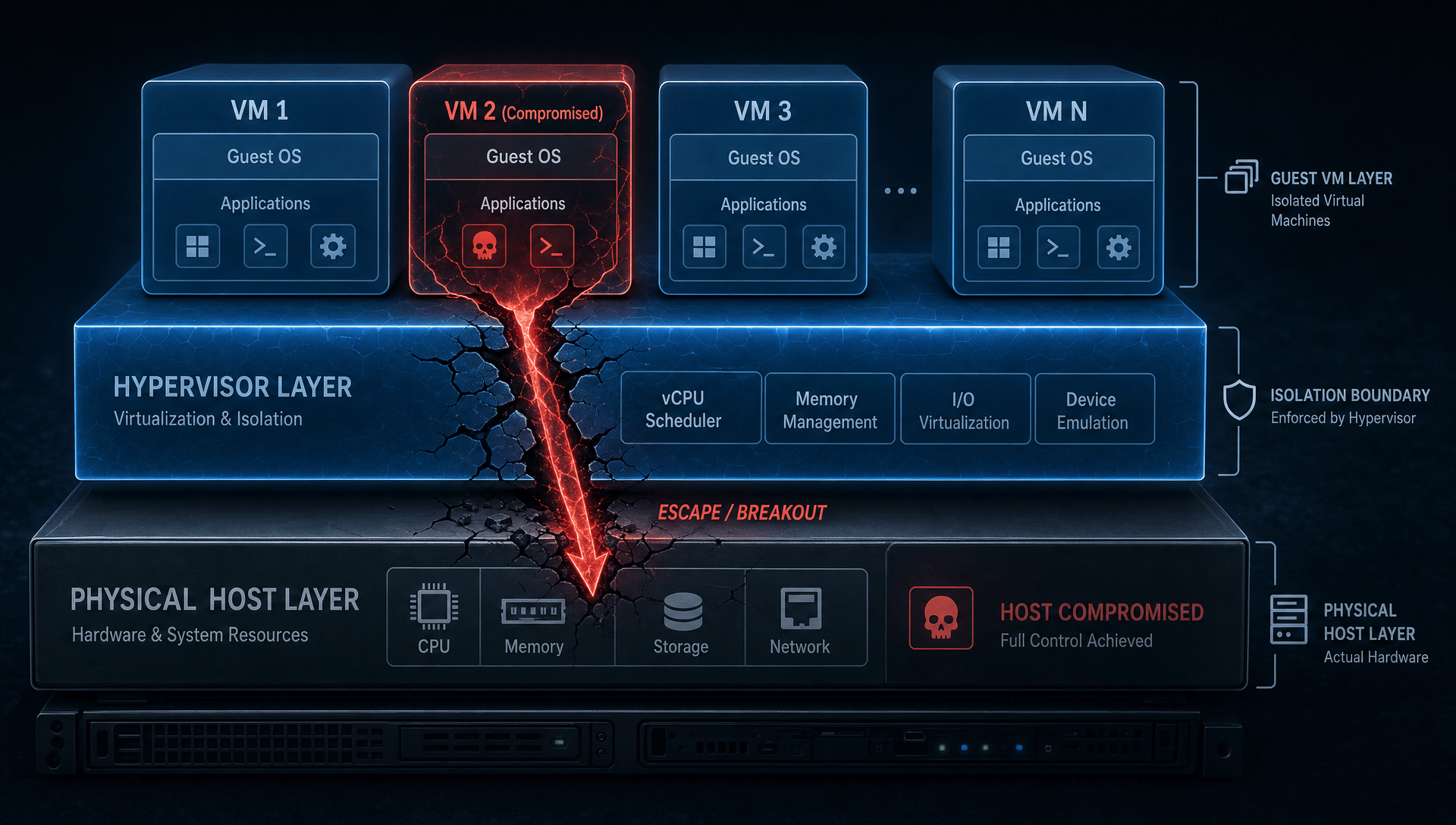 Cybersecurity News Stories July 17, 2026 image showing a cloud infrastructure diagram with a guest virtual machine escape arrow breaking through a hypervisor isolation layer in a dark technical environment