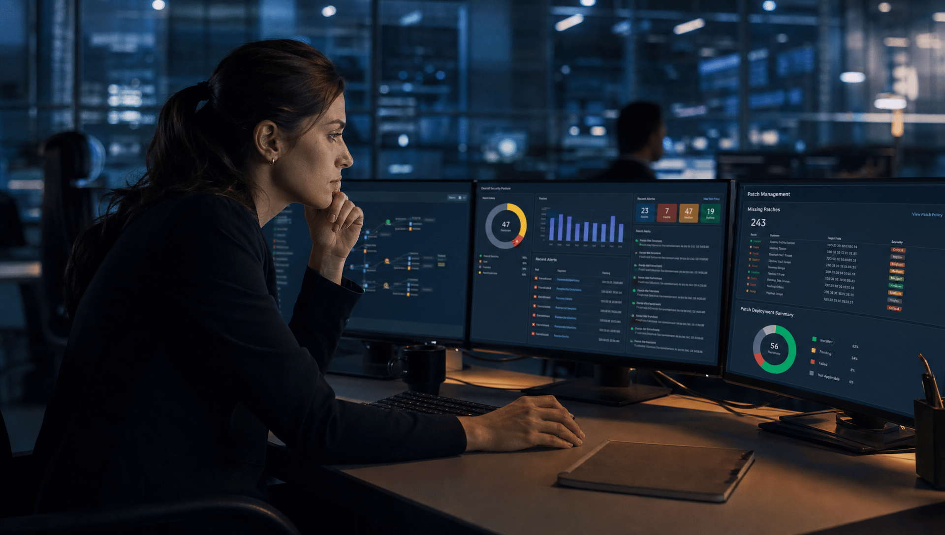 Cybersicherheit News Stories vom 17. Juli 2026 Bild zeigt eine Sicherheitsanalystin, die ein Patch-Management- und Bedrohungsüberwachungs-Dashboard auf drei Bildschirmen in einem dunklen Enterprise-Security-Operations-Center überprüft