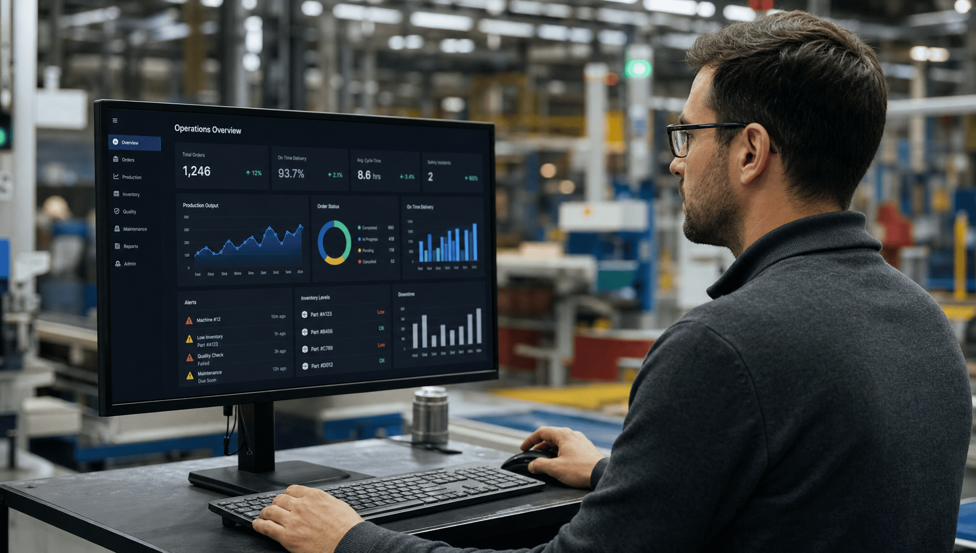Cybersecurity News Stories July 17, 2026 image showing an operations professional reviewing an enterprise ERP system dashboard with active alerts on a factory floor terminal in an industrial manufacturing environment