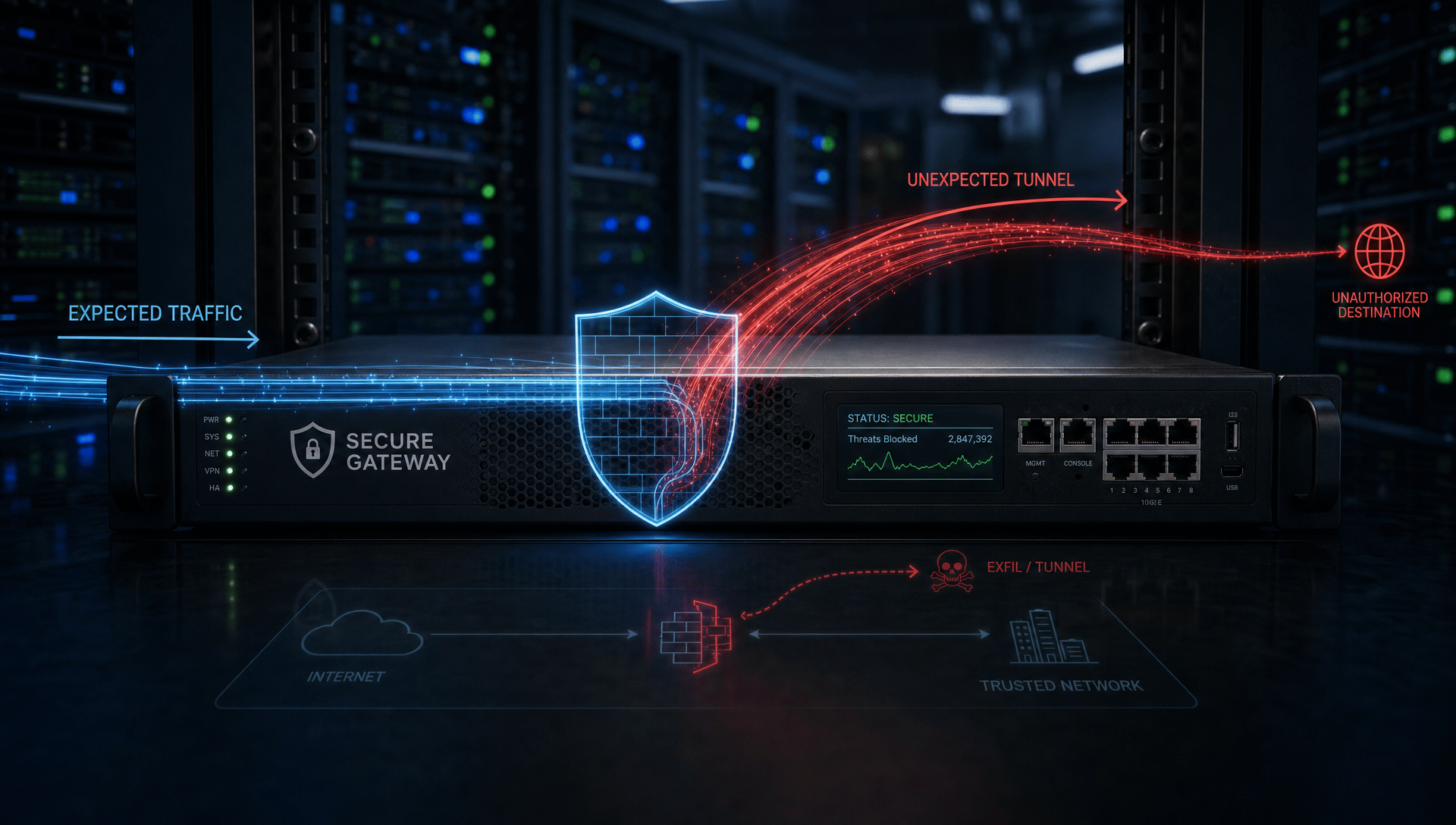 Cybersecurity News Stories July 17, 2026 image showing a network perimeter gateway device in a dark server environment with alert indicators and connection tunnels representing an SSRF exploitation chain