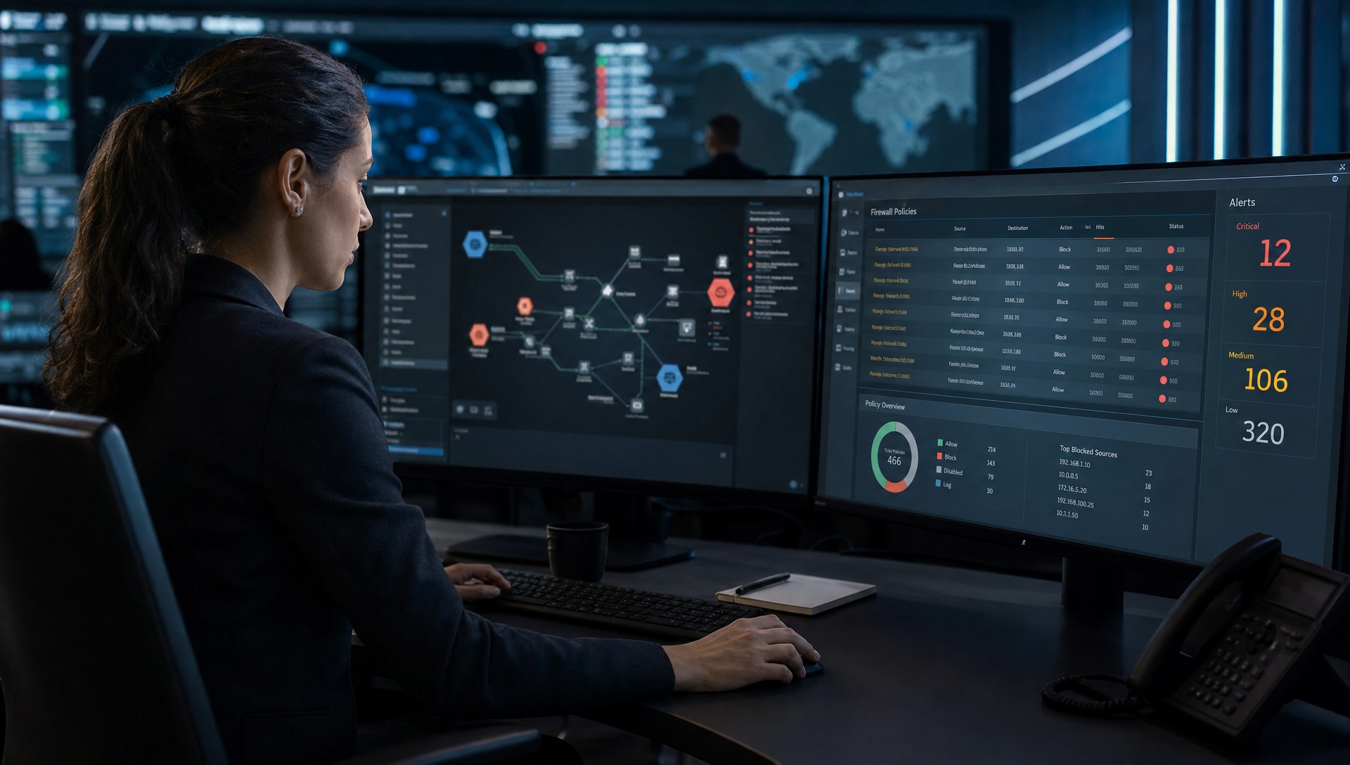 Cybersecurity News Stories July 24, 2026 — security analyst at SOC workstation monitoring firewall policy dashboards with critical and high alert indicators on multiple screens