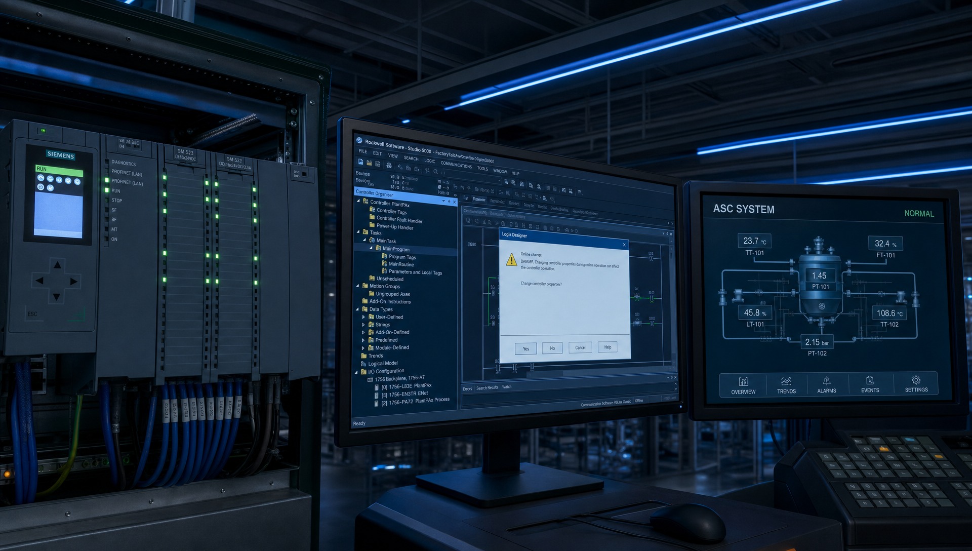 Cybersecurity News Stories July 24, 2026 image showing a PLC control panel with safety interlock logic being remotely altered via engineering software