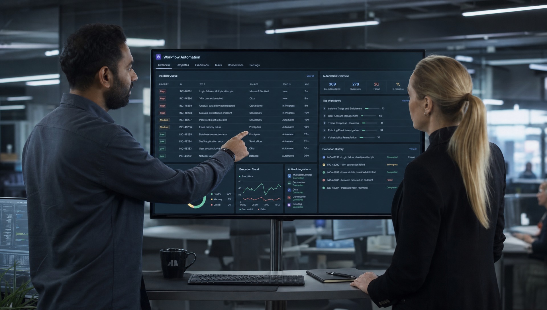 Cybersecurity News Stories July 24, 2026 — two IT professionals reviewing a workflow automation dashboard with incident queue in a modern enterprise operations room