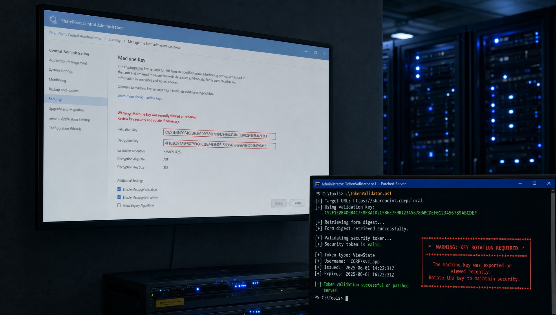 Cybersecurity News Stories July 24, 2026 image showing a SharePoint server console with a machine key extraction alert and forged authentication token warning
