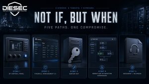 Cybersecurity News Stories July 24, 2026 — DIESEC editorial header showing five cybersecurity threat icons: OT control panel, firewall UI, server key, workflow dashboard, helpdesk document