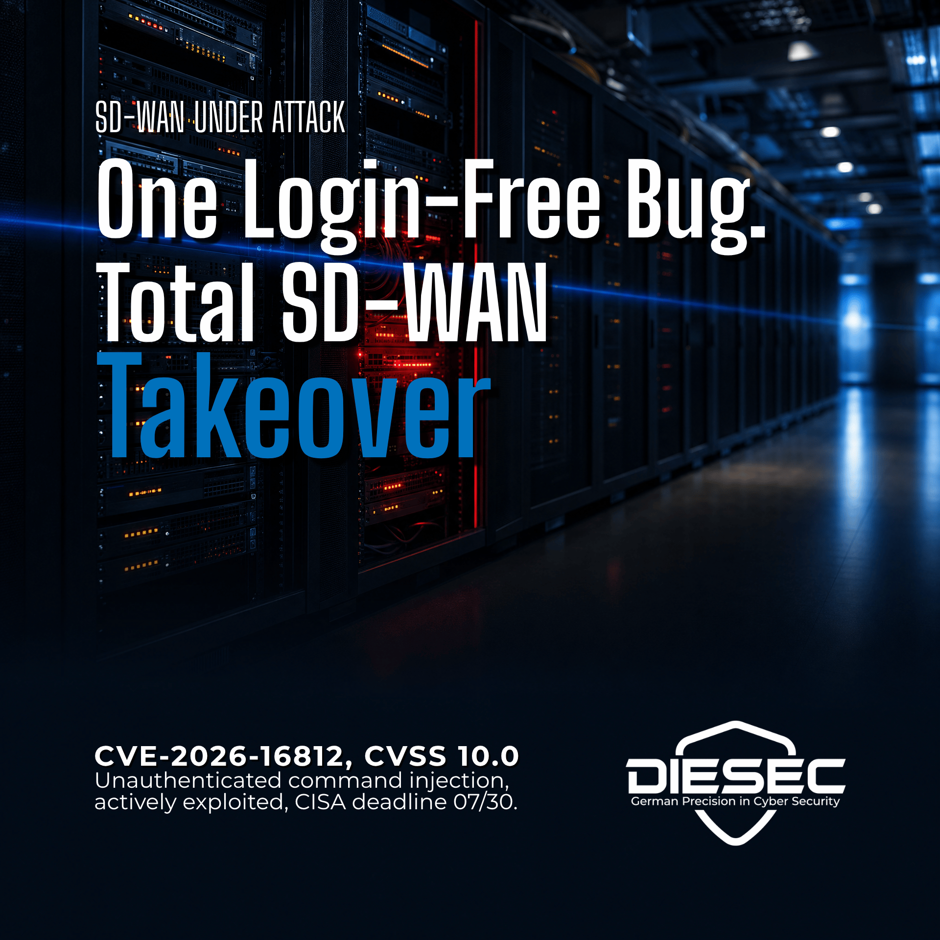 Arista VeloCloud Orchestrator CVE-2026-16812 (CVSS 10.0) is under active attack. Unauthenticated command injection lets attackers seize full SD-WAN control.
