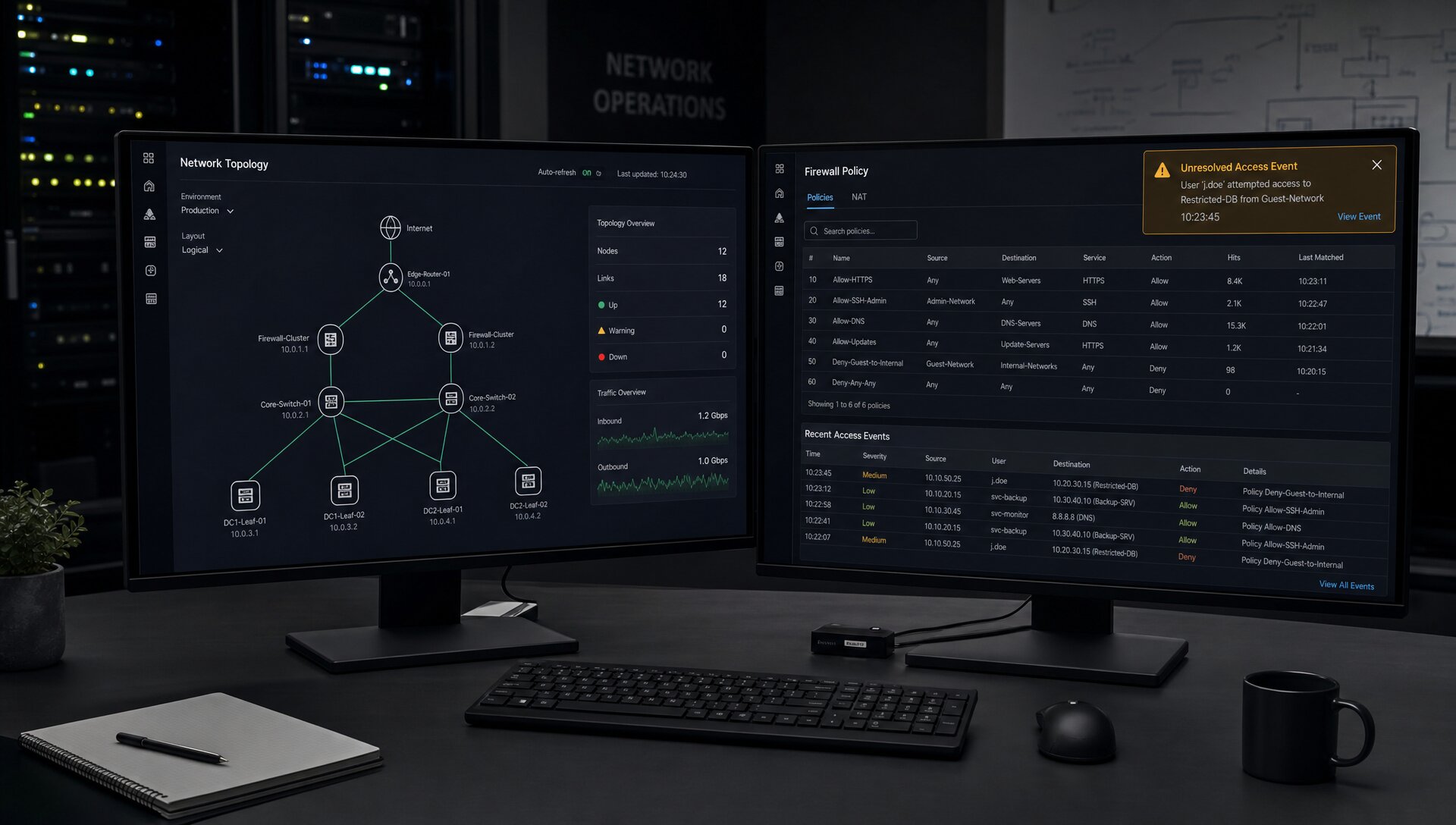 Cybersecurity News Stories July 31, 2026 image showing a Cisco Secure Firewall Management Center administration console with an unauthenticated hardcoded credential access alert and network security policy exposure indicator in a dark enterprise network operations environment