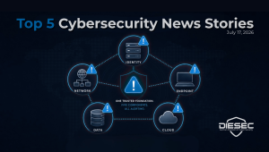 Cybersecurity News Stories July 17, 2026 image showing five enterprise infrastructure layers simultaneously under threat including perimeter gateway identity platform endpoint protection ERP and cloud hypervisor