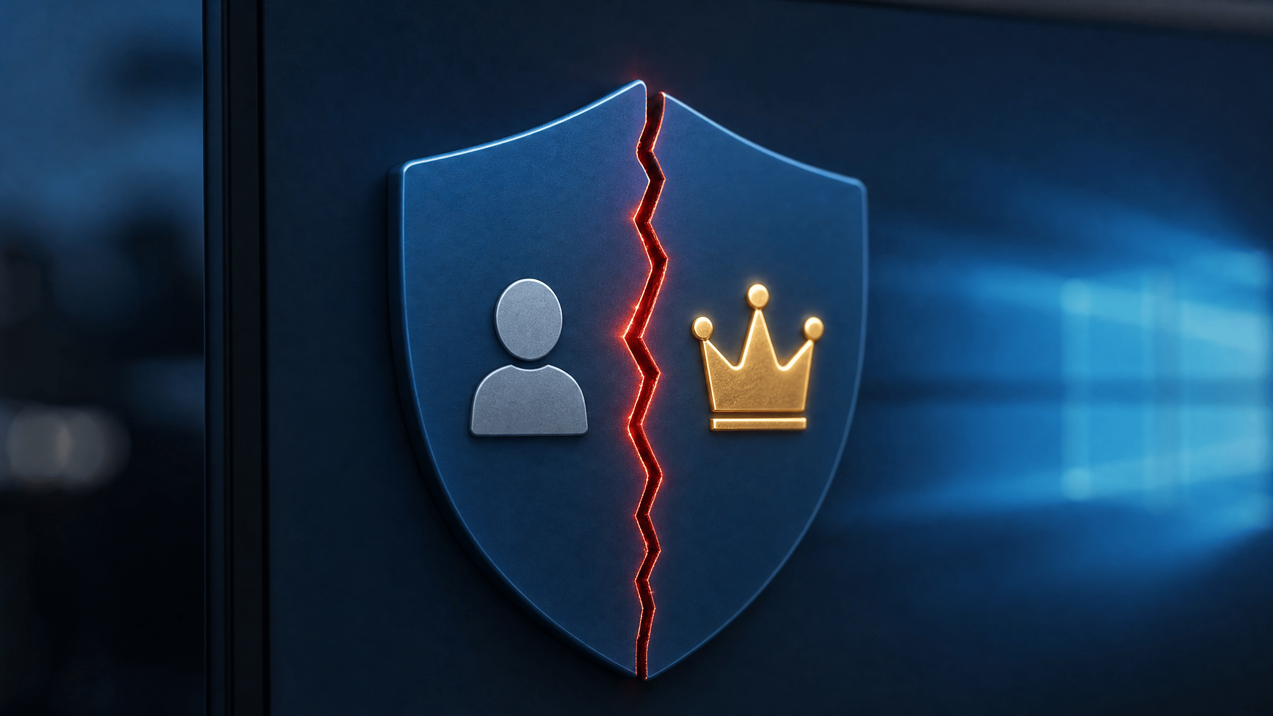 Cybersecurity News Stories July 10, 2026 image showing a cracked security shield on a Windows-style interface with a privilege escalation indicator transitioning from user to system access in a dark enterprise environment