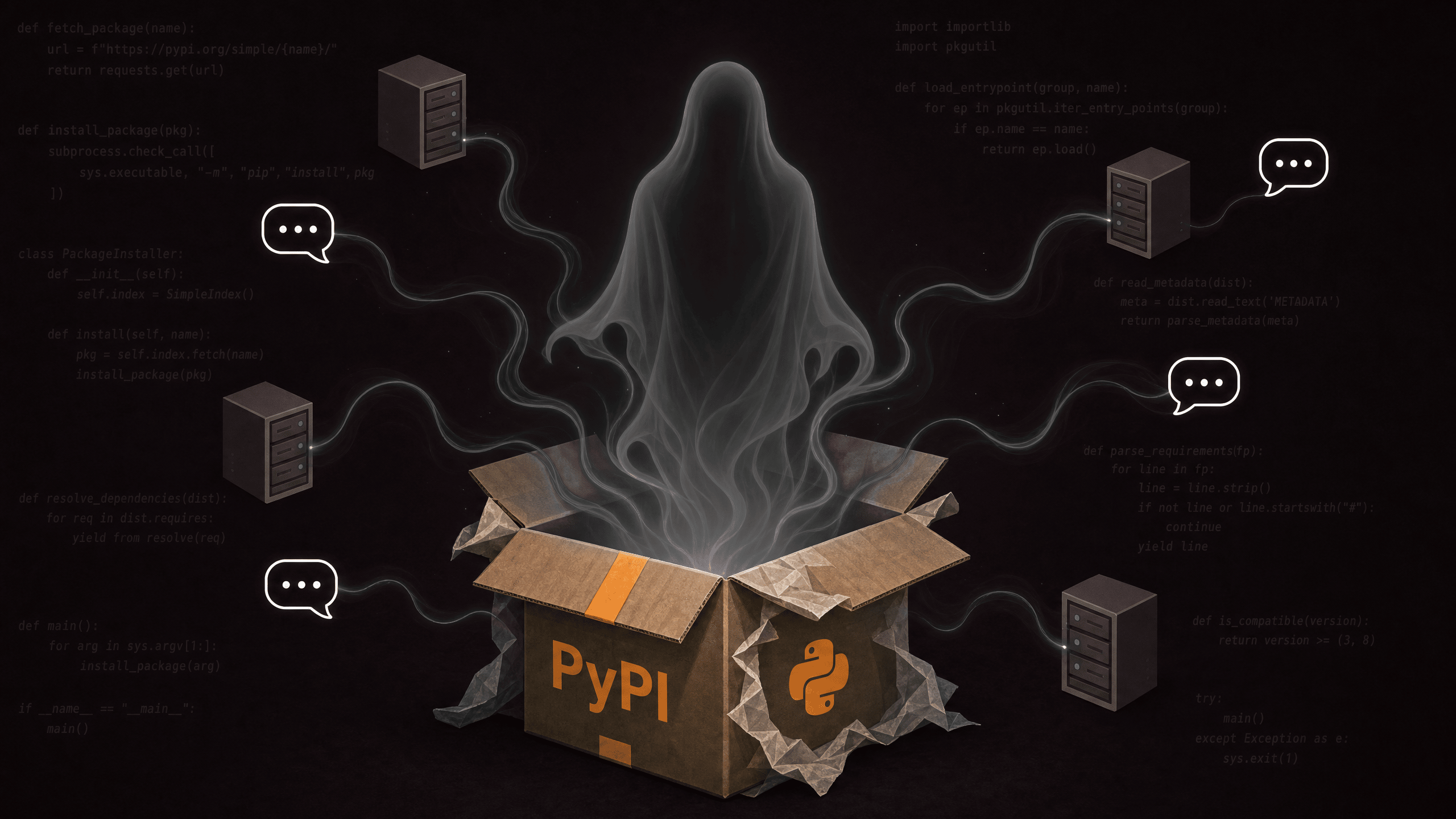 Cybersicherheit News Stories vom 10. Juli 2026 Bild zeigt eine Python-Paketbox, aus der eine geisterhafte Transparenz hervorgeht, die mit Telegram-Chat-Bubbles und Server-Icons verbunden ist — konzeptionelle Darstellung eines Supply-Chain-Angriffs in dunkler Umgebung