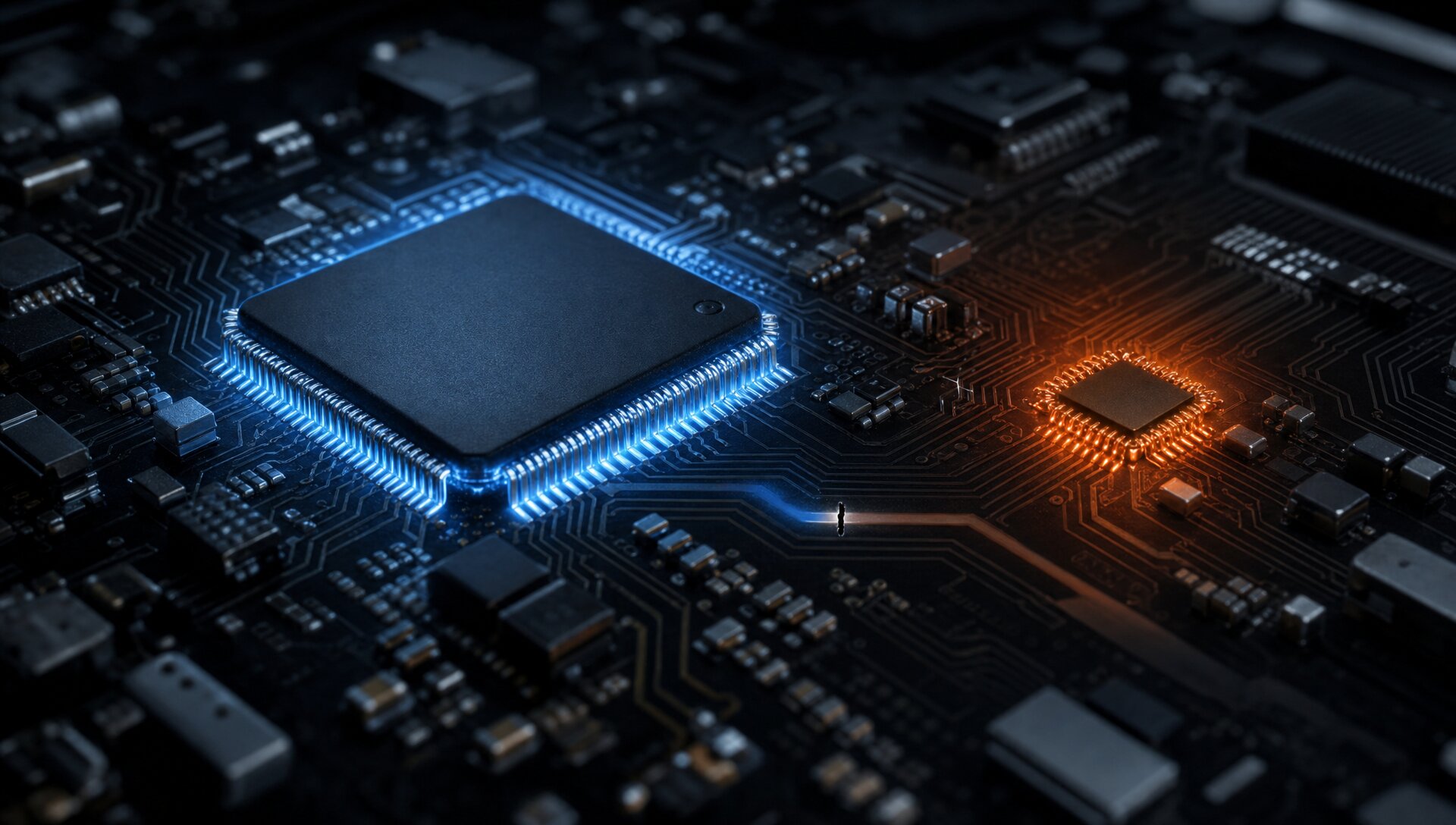 Hardware cryptocurrency wallet circuit board macro shot showing a blue-lit STM32 chip alongside an amber-lit secondary chip representing a hardware RNG flaw and software PRNG fallback in a dark electronics environment