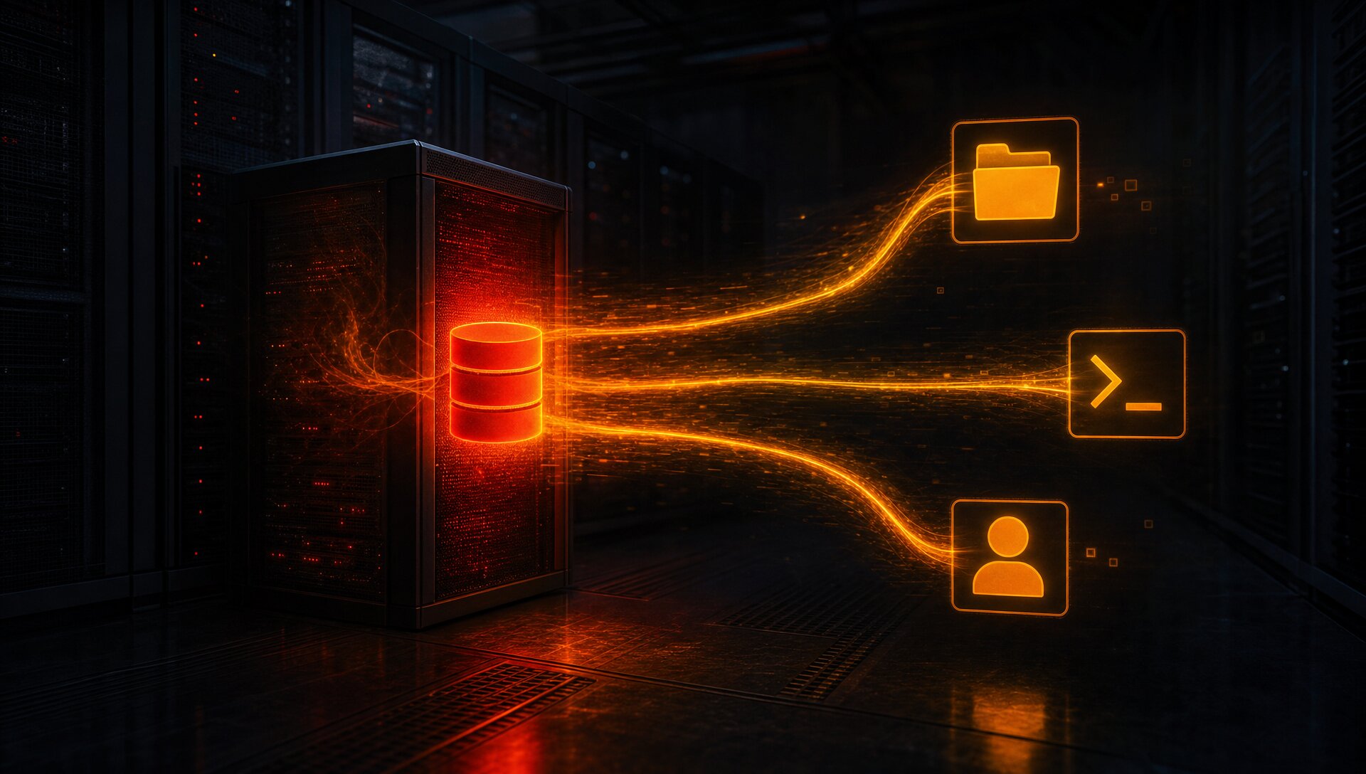 Oracle database server in a dark enterprise server room with amber command-execution beams radiating outward to file system, terminal, and user account icons representing SQL injection to OS command execution via Java stored procedure