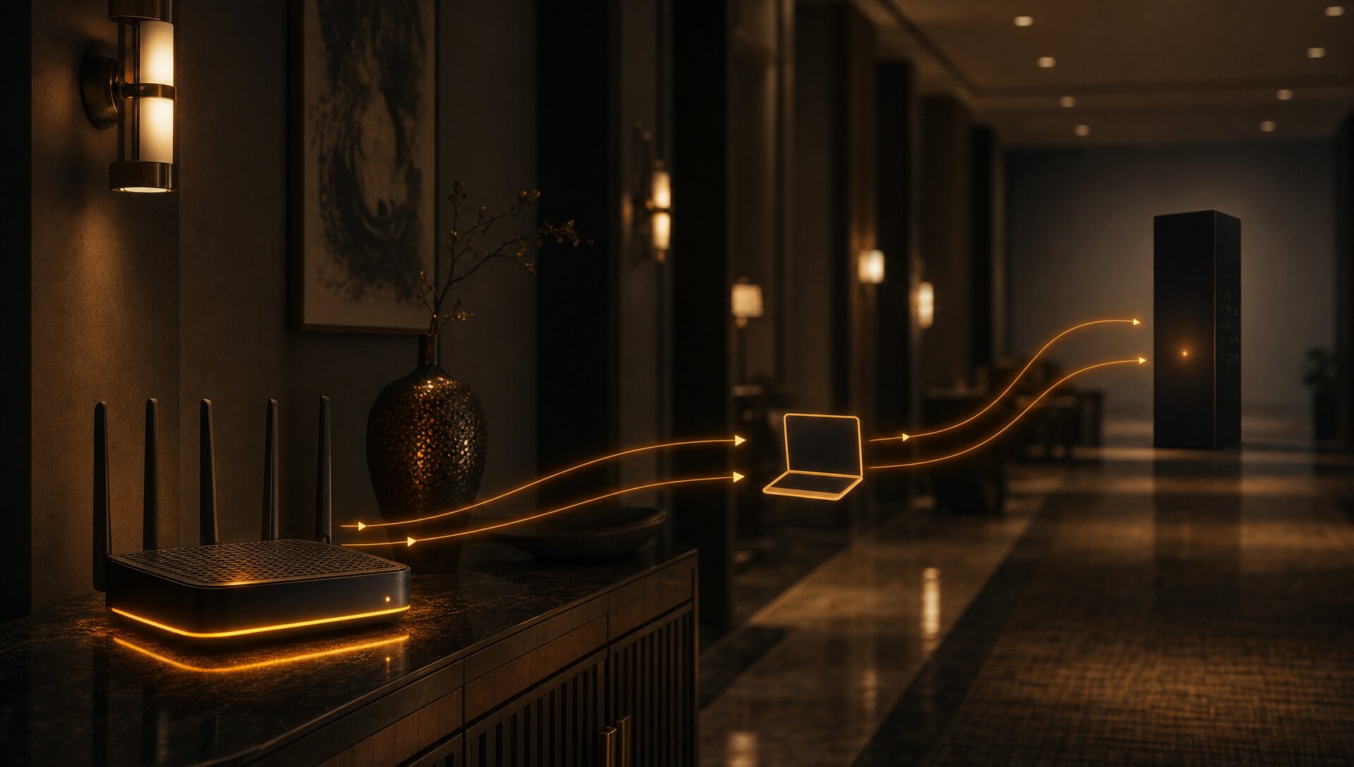 Hotel lobby corridor at night showing a Wi-Fi router with a DNS hijacking indicator and amber data-flow lines connecting router to victim laptop to remote attacker server representing captive portal credential interception