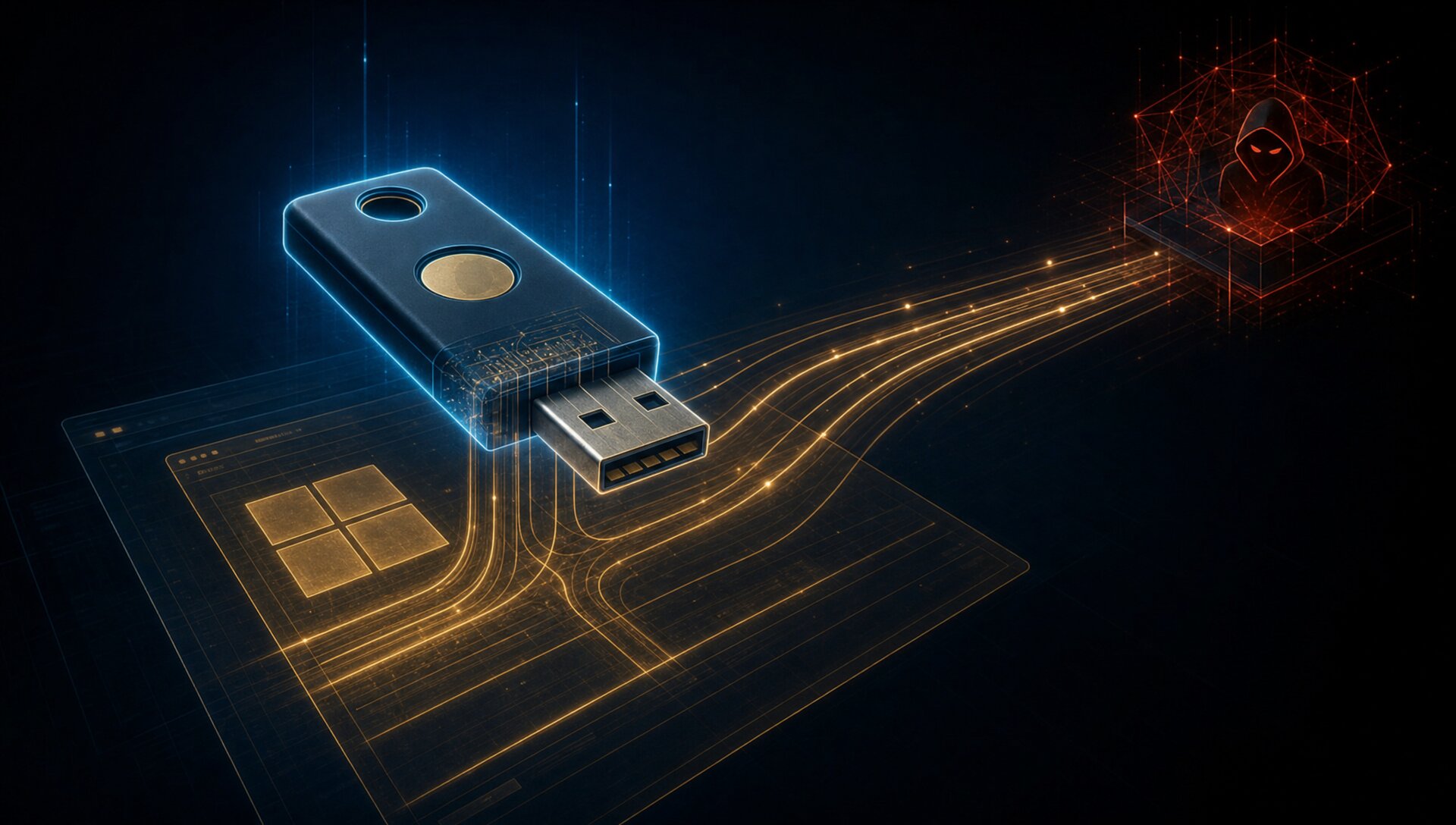 Cybersecurity News Stories August 7, 2026 image showing a browser passkey management interface with a credential exfiltration path indicator and TPM key extraction alert in a dark enterprise identity security environment