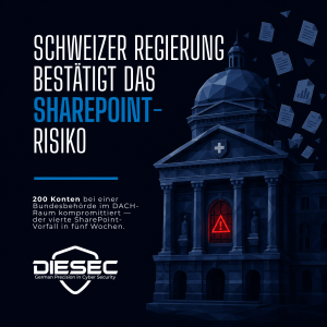 Die Swiss Federal SharePoint Breach kompromittierte 200 Konten bei der Schweizer Bundesbehörde BIT/FOITT, vermutlich über eine Juli-Patch-Tuesday-Lücke.