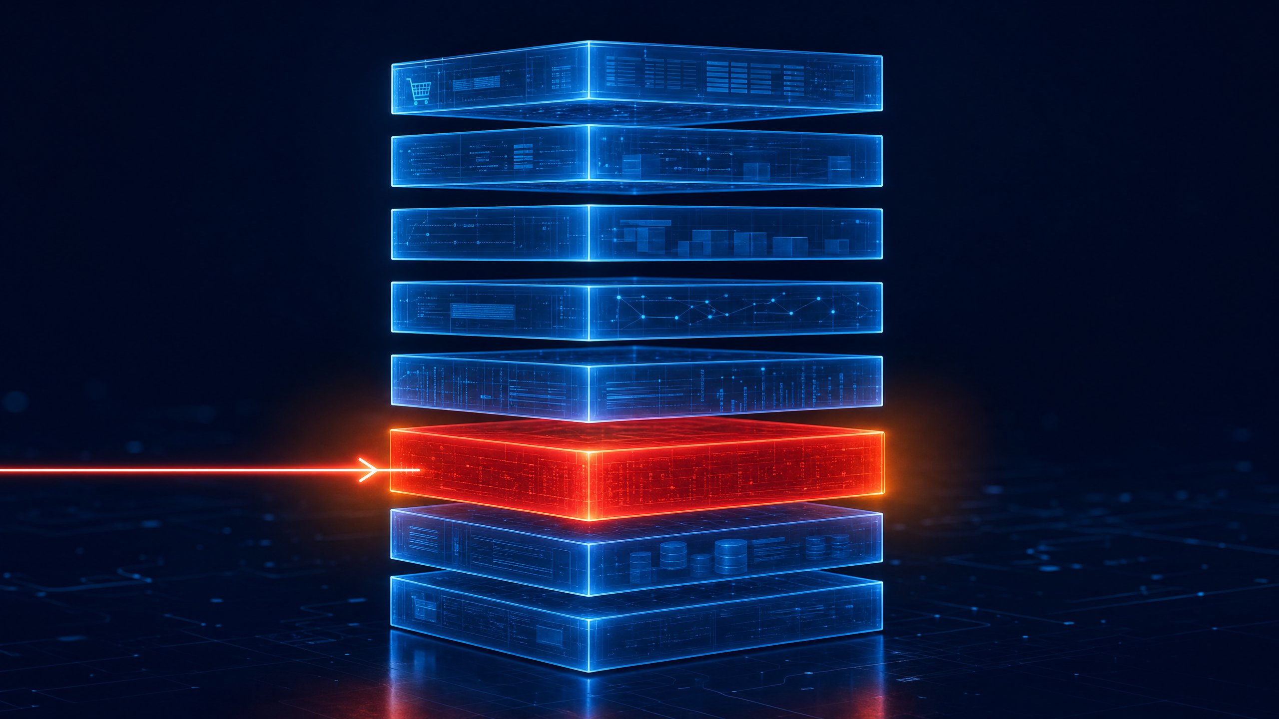 Cybersecurity News Stories August 14, 2026: SAP Commerce Cloud architecture stack with an unauthenticated data import endpoint highlighted at maximum severity in a dark enterprise ERP security environment