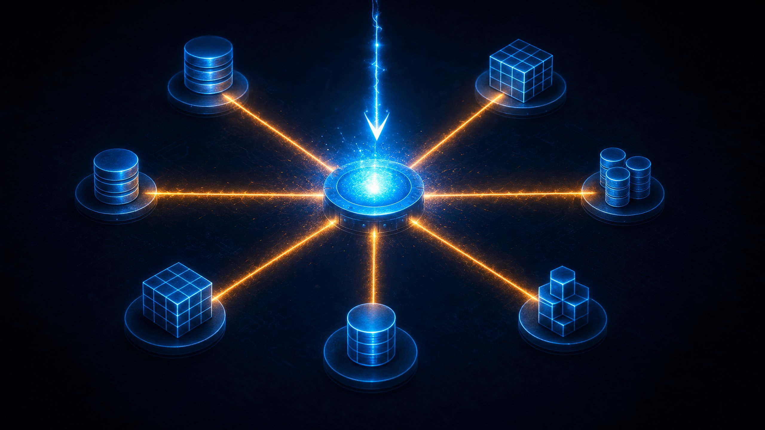 Business intelligence platform hub with database credential exposure radiating across all connected data sources in a dark analytical security environment