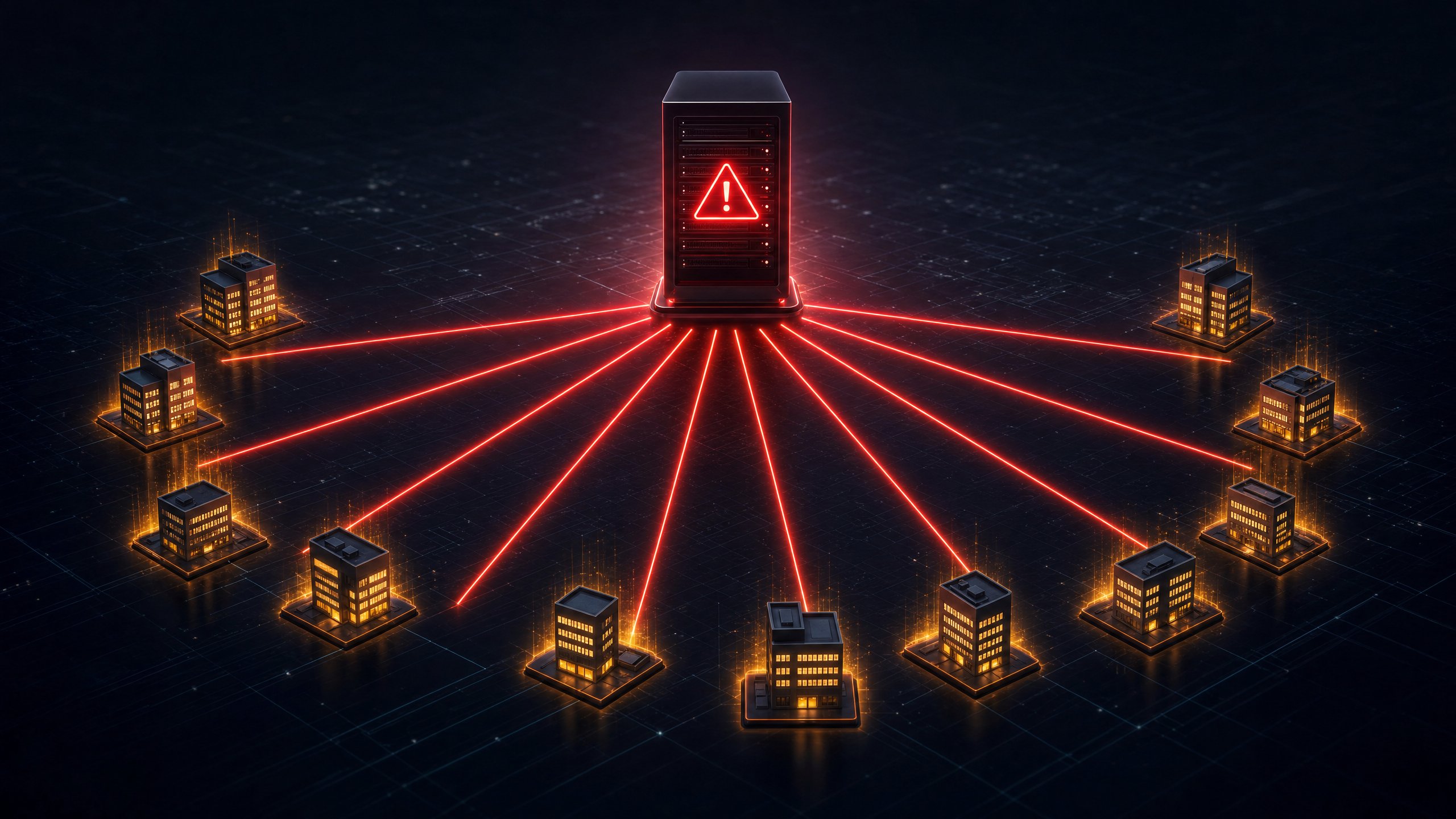Cybersecurity News Stories August 14, 2026: MSP management platform hub with a compromised authentication layer propagating a breach indicator across all connected managed client endpoints in a dark enterprise security environment