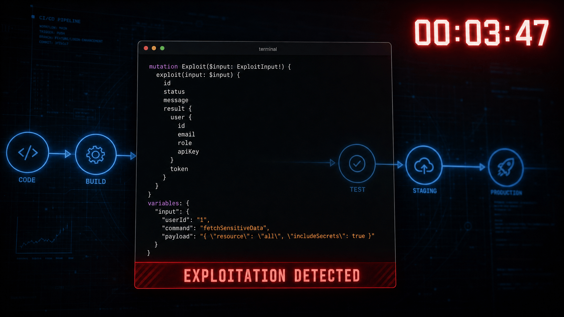 Cybersecurity News Stories August 28, 2026 image showing a self-hosted GitLab developer platform with a GraphQL request triggering unauthenticated code injection within a CI/CD pipeline in a dark software development environment