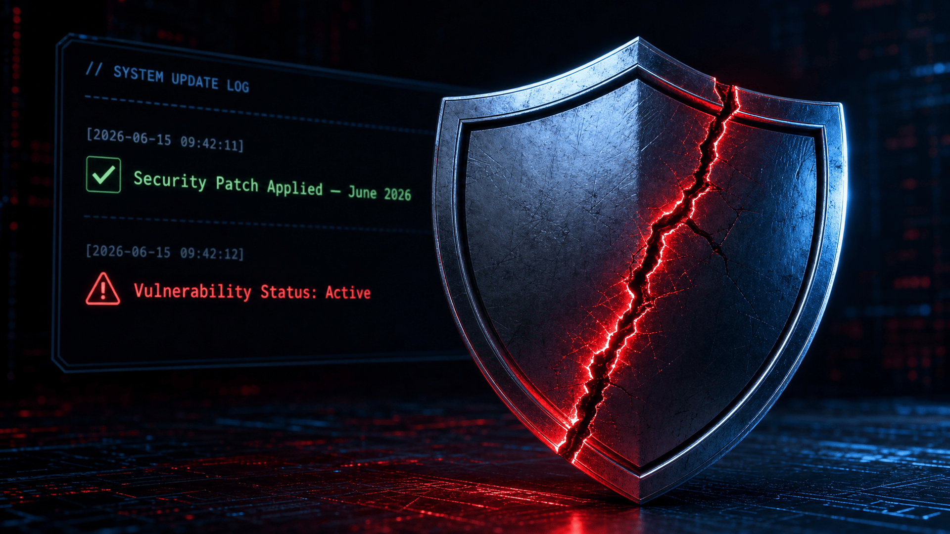 image showing a Windows security dashboard with a privilege escalation alert bypassing a previously applied patch in a dark enterprise endpoint security environment