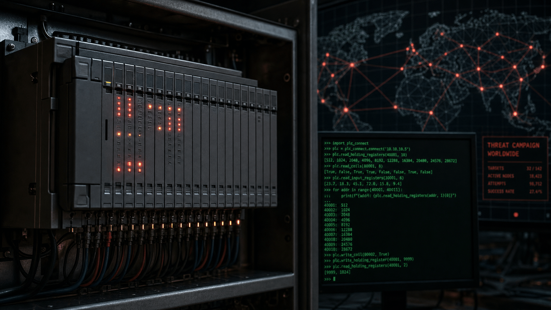 Cybersecurity News Stories August 28, 2026 image showing an industrial control room with Siemens PLC equipment and a laptop displaying AI-generated exploit script targeting ladder logic in a dark operational technology environment