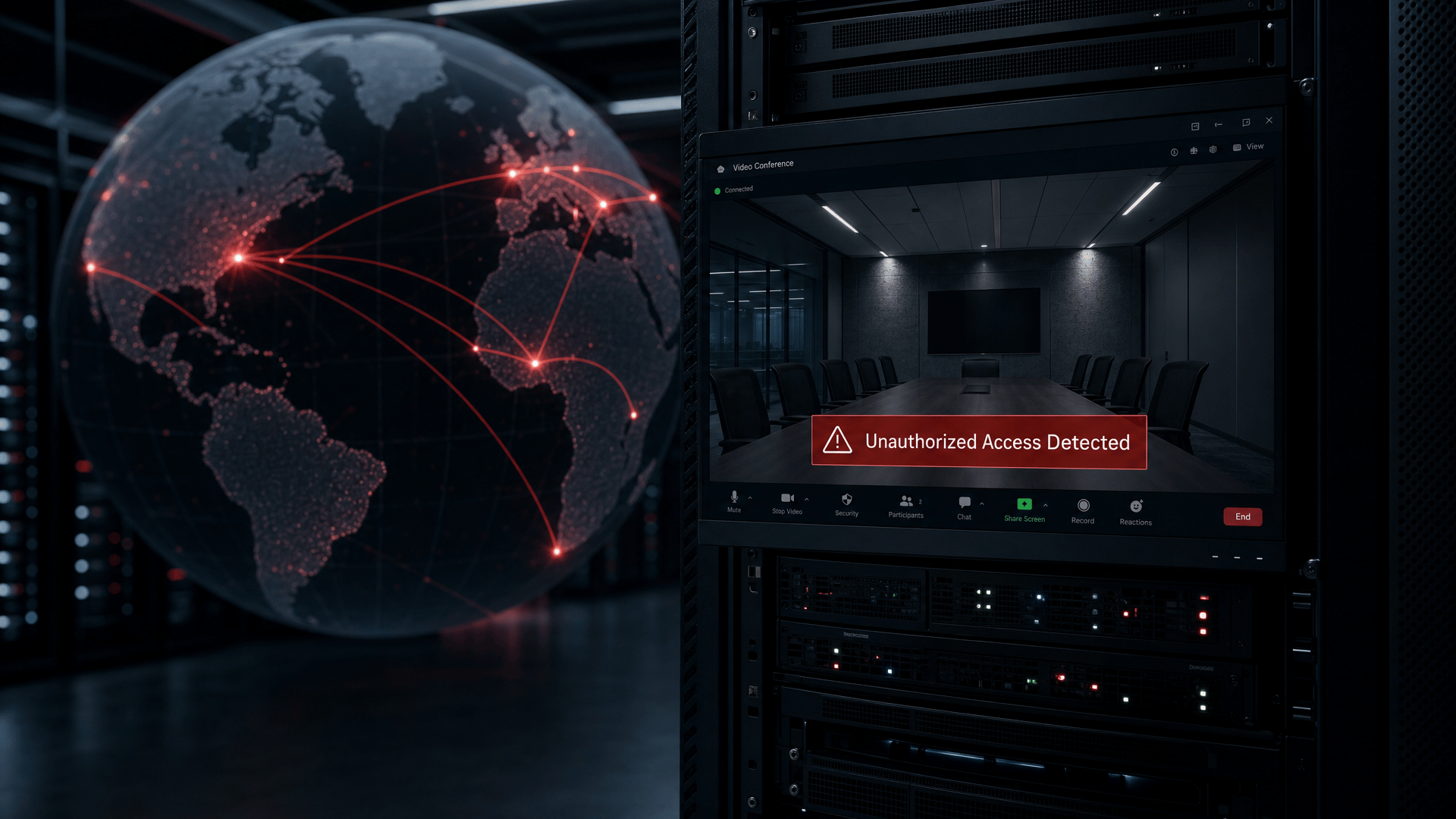 image showing an on-premises video conferencing server with a Russia-linked attacker chain exploiting missing authentication to deploy malware in a dark corporate infrastructure environment