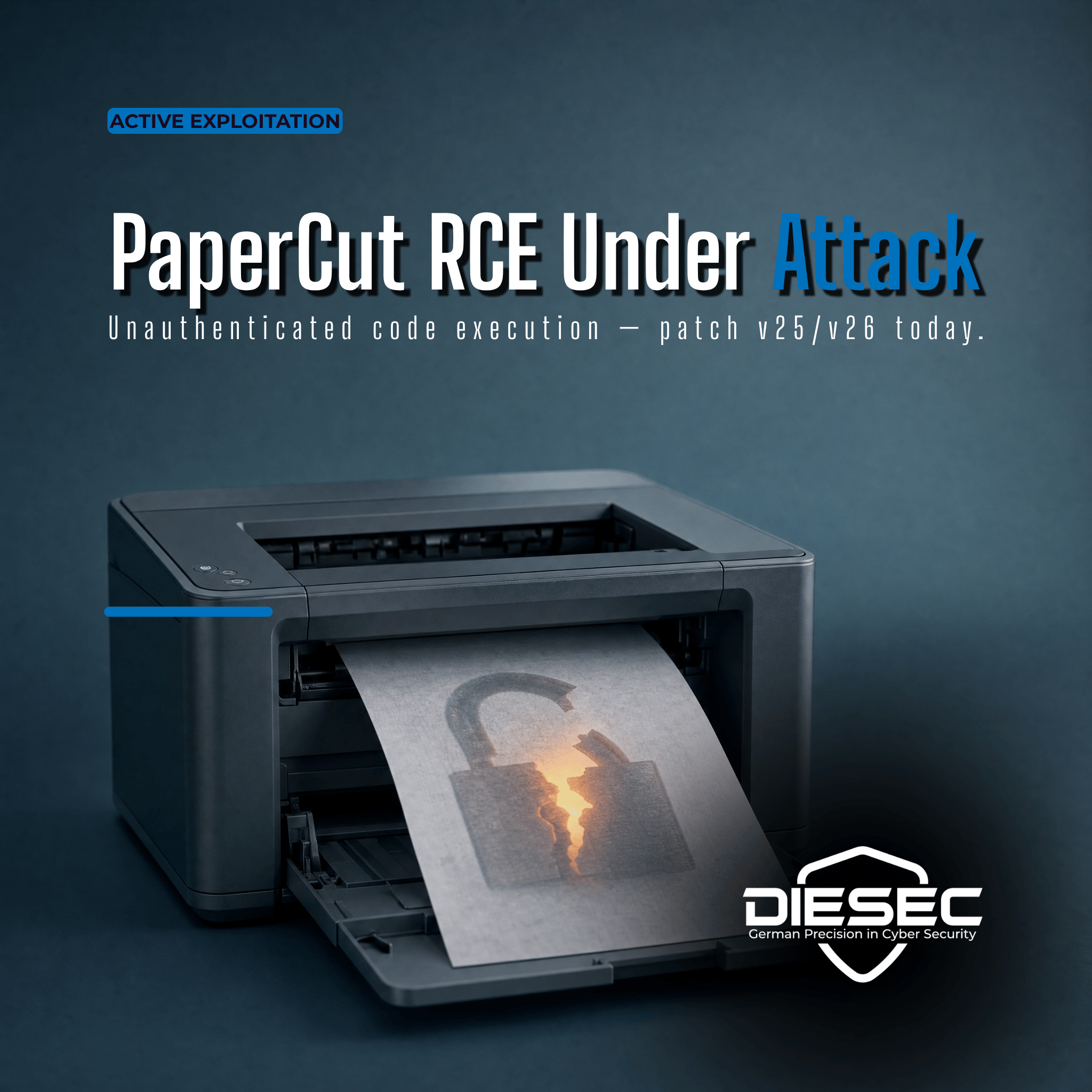 A PaperCut RCE vulnerability chain is under active exploitation on PaperCut NG and MF servers. Two flaws let attackers run code with no login. Patch now.