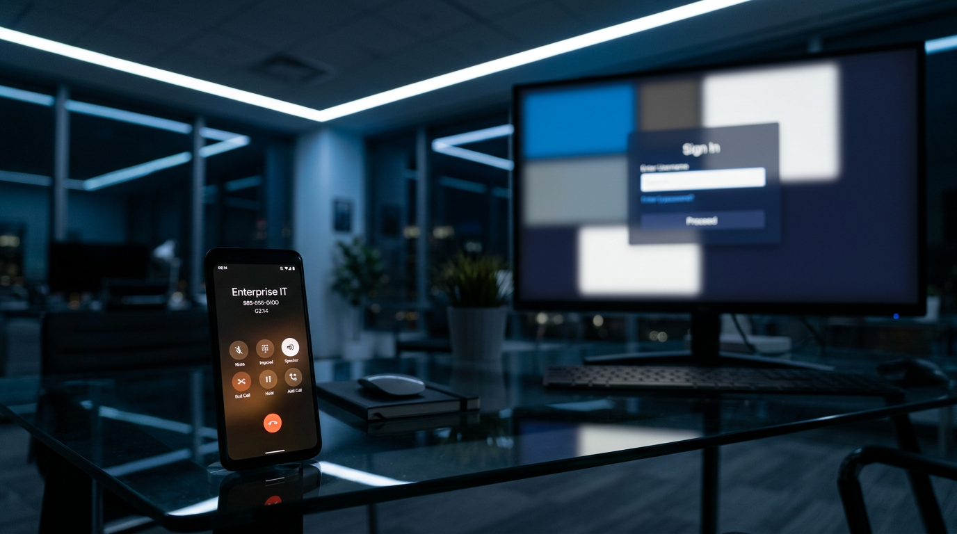 Cybersecurity News Stories September 4, 2026 image showing an enterprise Okta SSO login dashboard with an active MFA prompt alongside a phone showing an IT impersonation call in a dark healthcare corporate environment