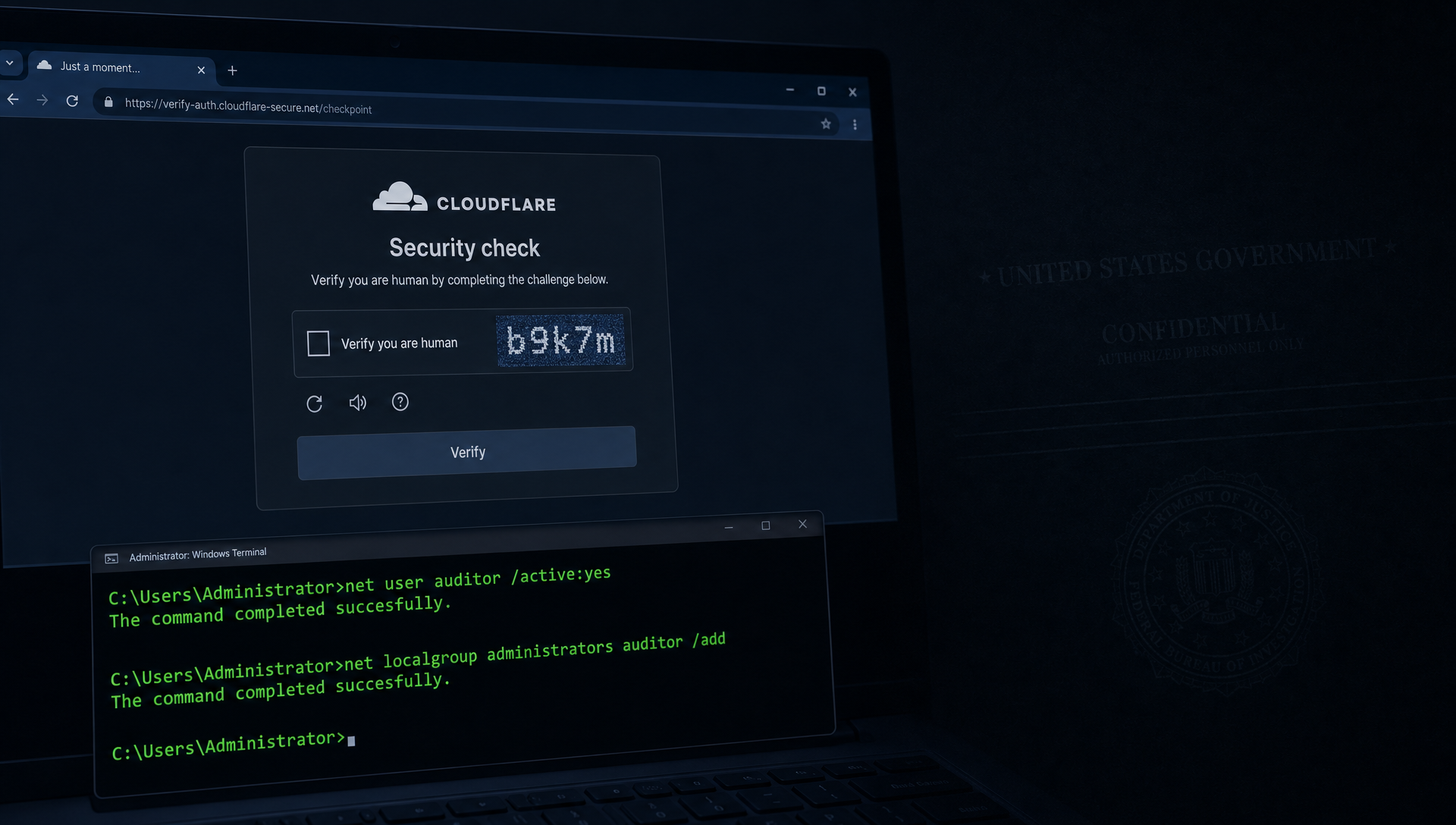 Cybersecurity News Stories September 11, 2026: fake Cloudflare CAPTCHA security-check overlay on a laptop with a PowerShell terminal visible in the background