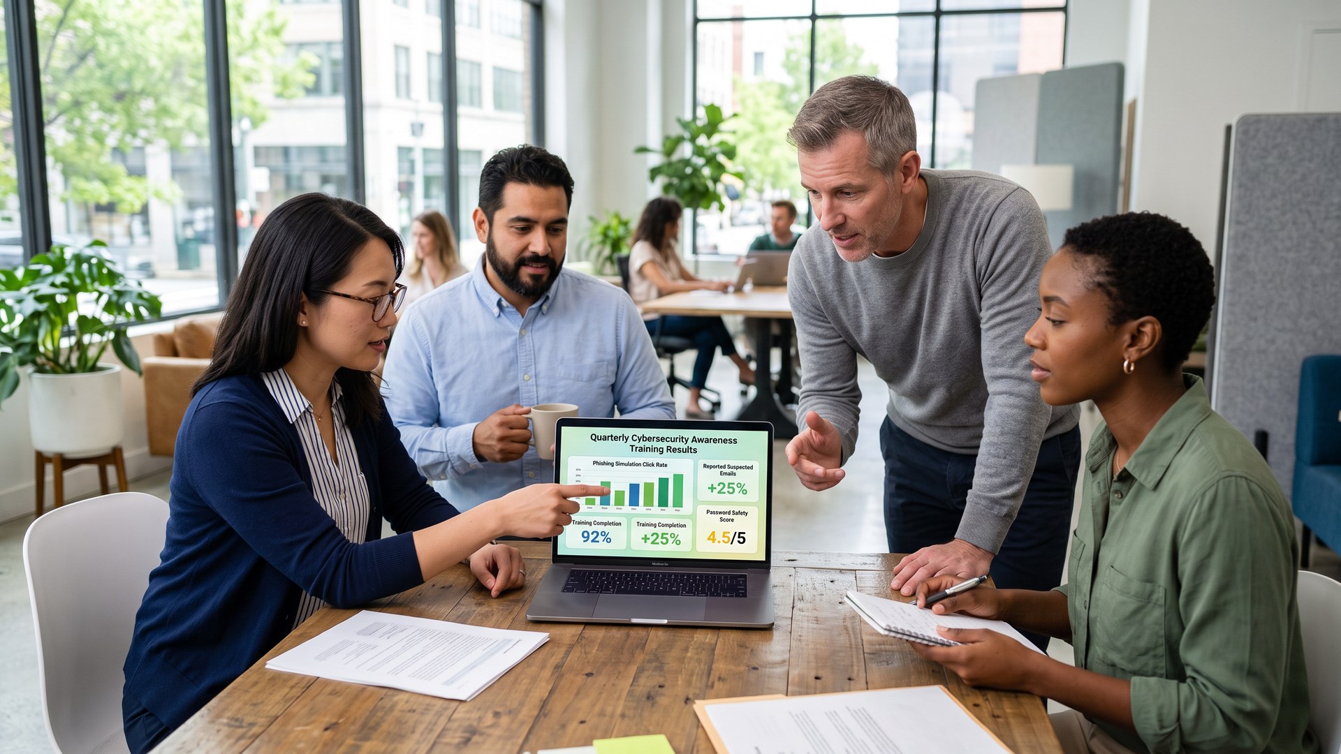 Ein Team bespricht gemeinsam die Ergebnisse einer Security-Awareness-Schulung