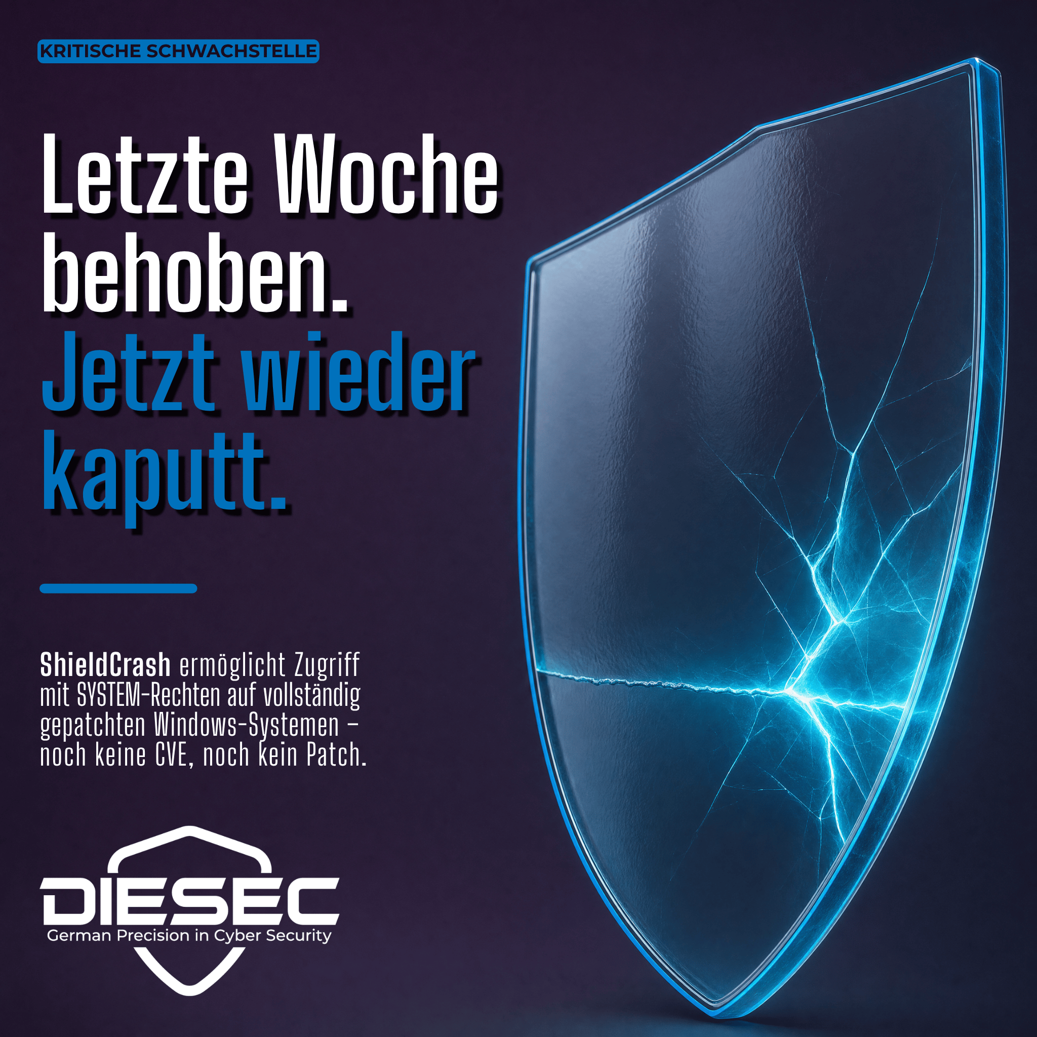 Ein neuer Windows Defender ShieldCrash Exploit verschafft SYSTEM-Zugriff auf vollständig gepatchten Systemen und umgeht Microsofts frischen Patch.