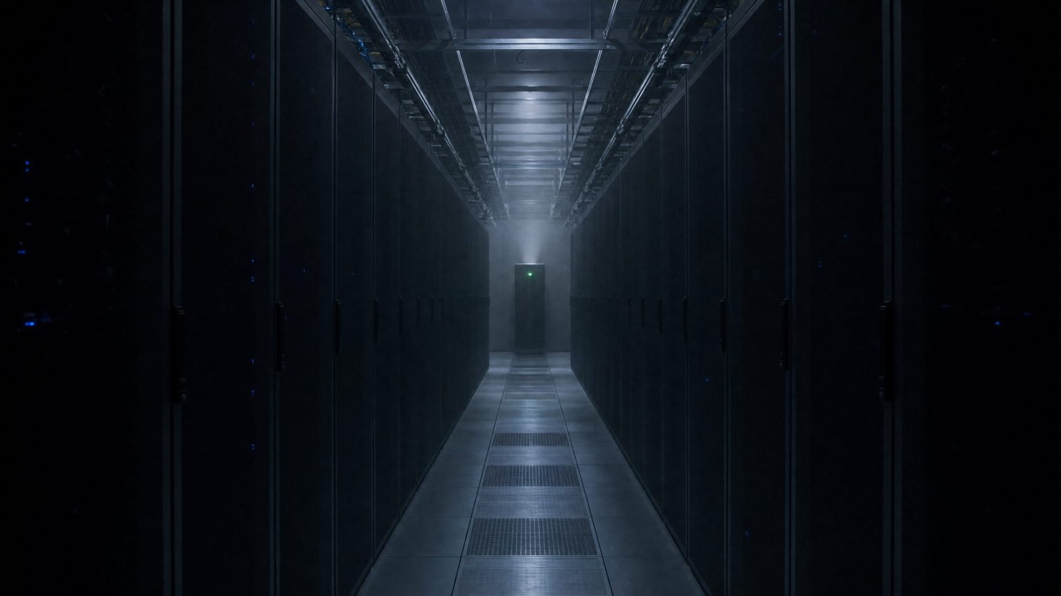 Rows of dark server racks in a university data center with most status lights off
