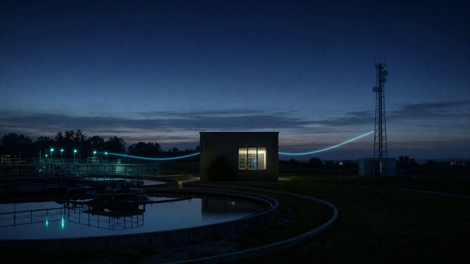 Top 5 Cybersecurity News illustration of an on-premises server room feeding a water treatment facility and a telecom tower