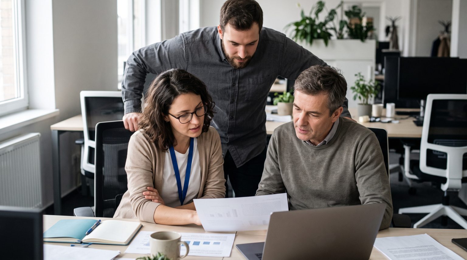 Three colleagues reviewing documents together at a desk in an open-plan office