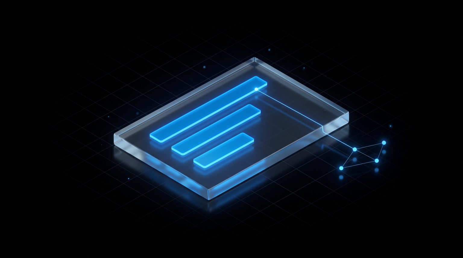 Illustration: glass report panel with glowing bars linked to a network of nodes